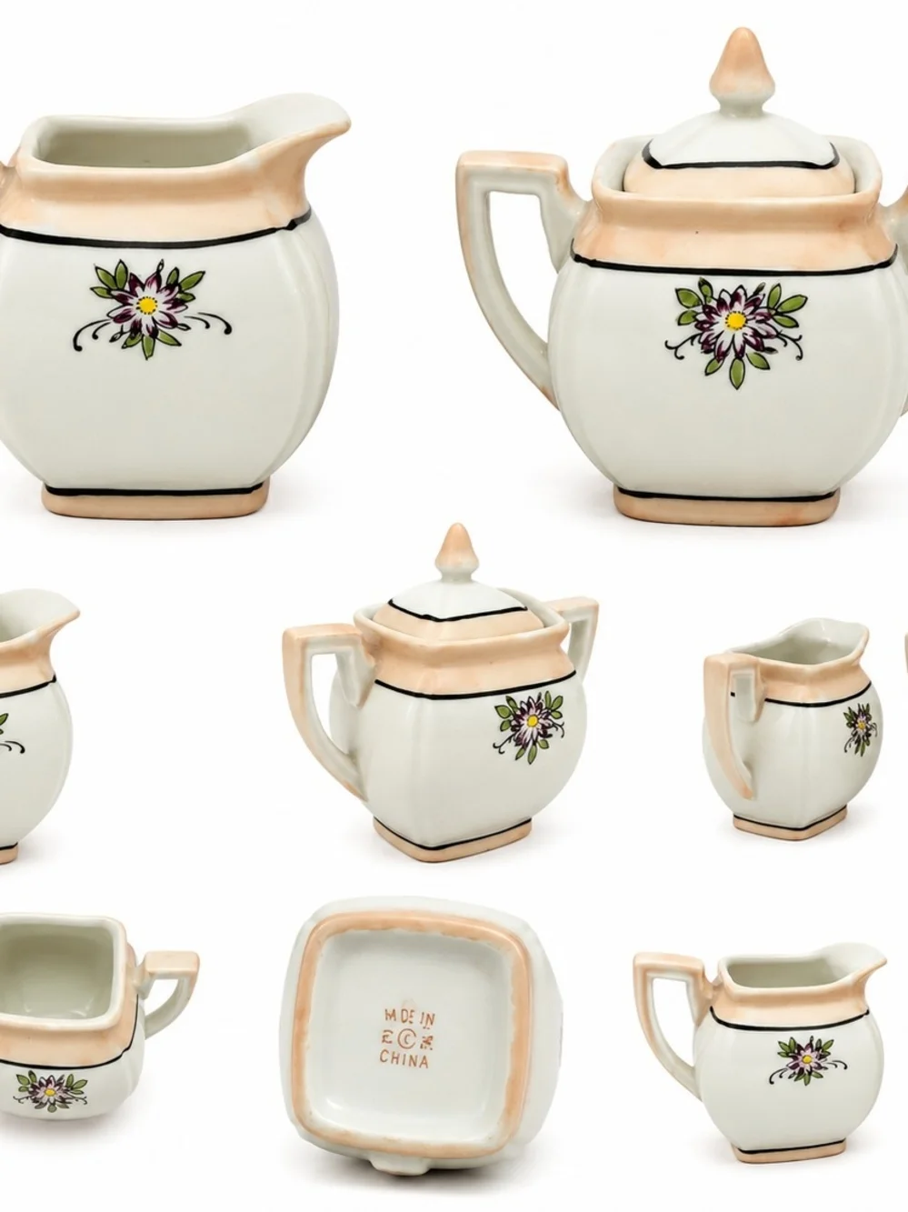 Vintage Floral Ceramic Creamer & Sugar Set in Cream and Peach